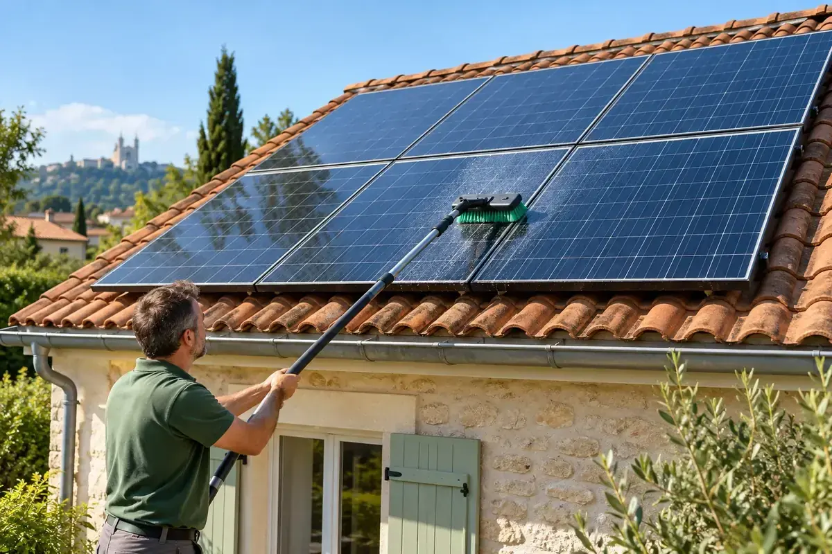 Nettoyage de panneaux solaires sur une maison près de Lyon
